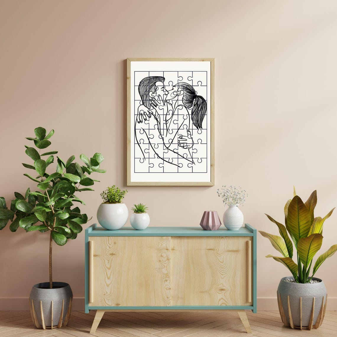 Passionate Couple Puzzle Kiss Line Art Romantic Black White Poster - Image 6