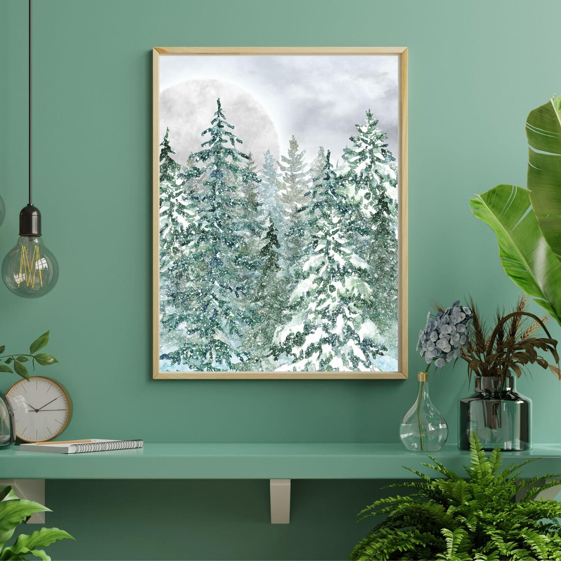 Snowy Pine Forest Moonlight Watercolor Winter Landscape Wall Poster
