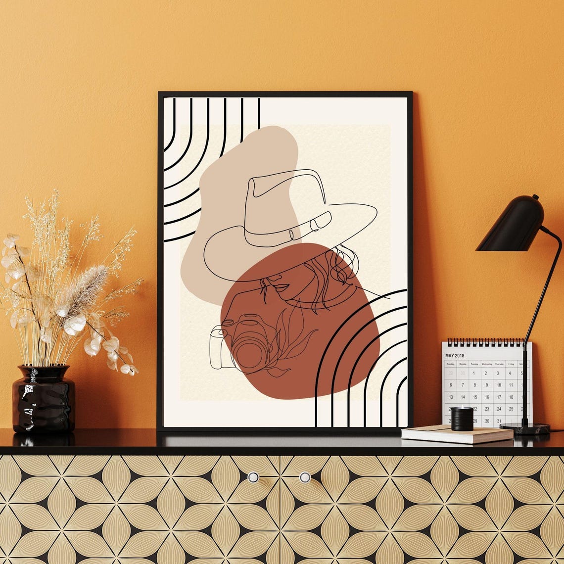 Boho Woman With Hat And Camera Line Art Abstract Wall Poster - Image 4