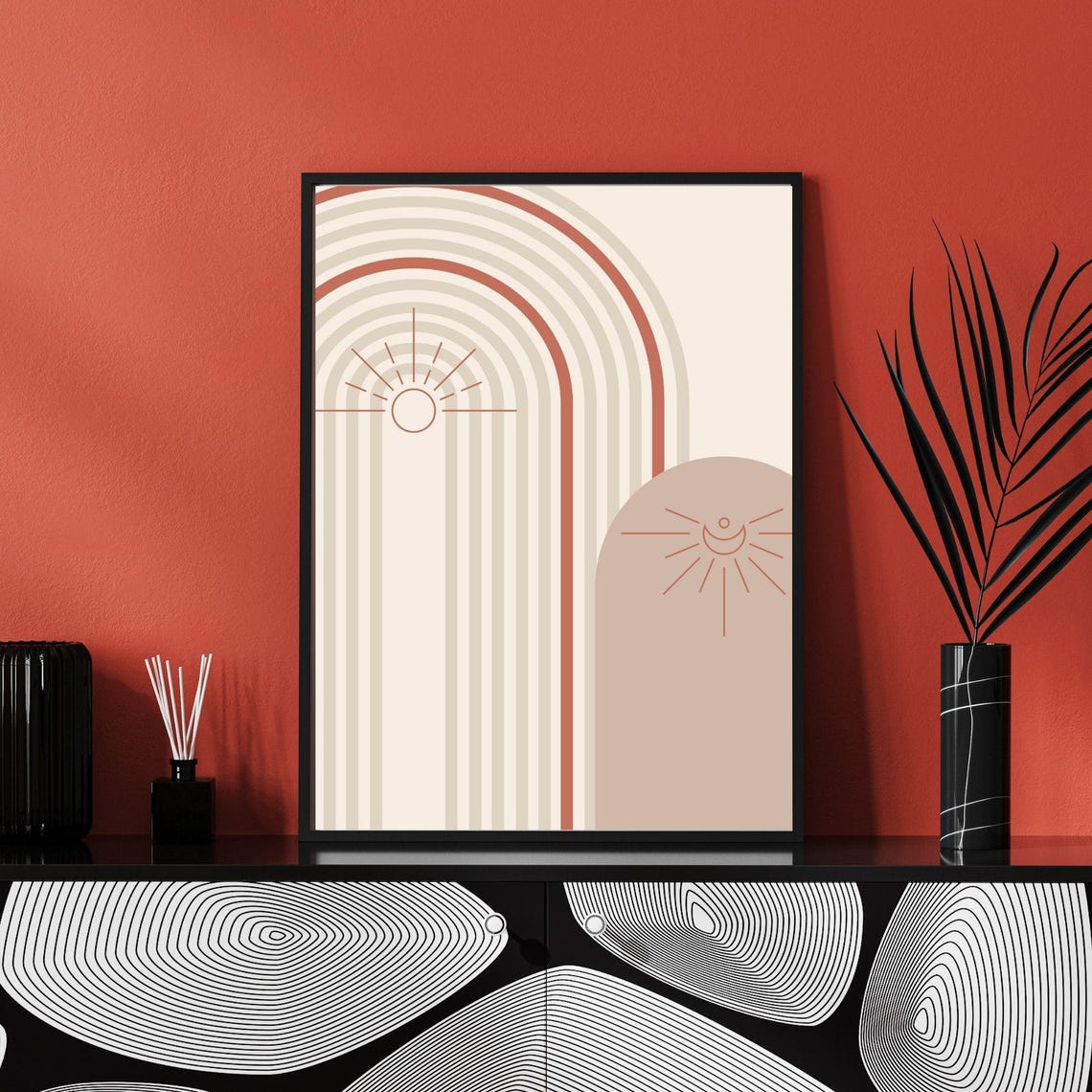 Terracotta Rainbow Arches Sun Line Art Boho Abstract Wall Poster - Image 3