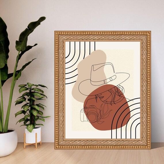 Boho Woman With Hat And Camera Line Art Abstract Wall Poster