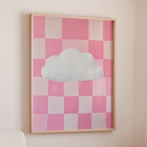 Cloud Wall Art Checkered Wall Art Abstract Art Print Minimalist Wall Art Pink Art Maximalist Print Sky Wall Art Cloud Sky Print