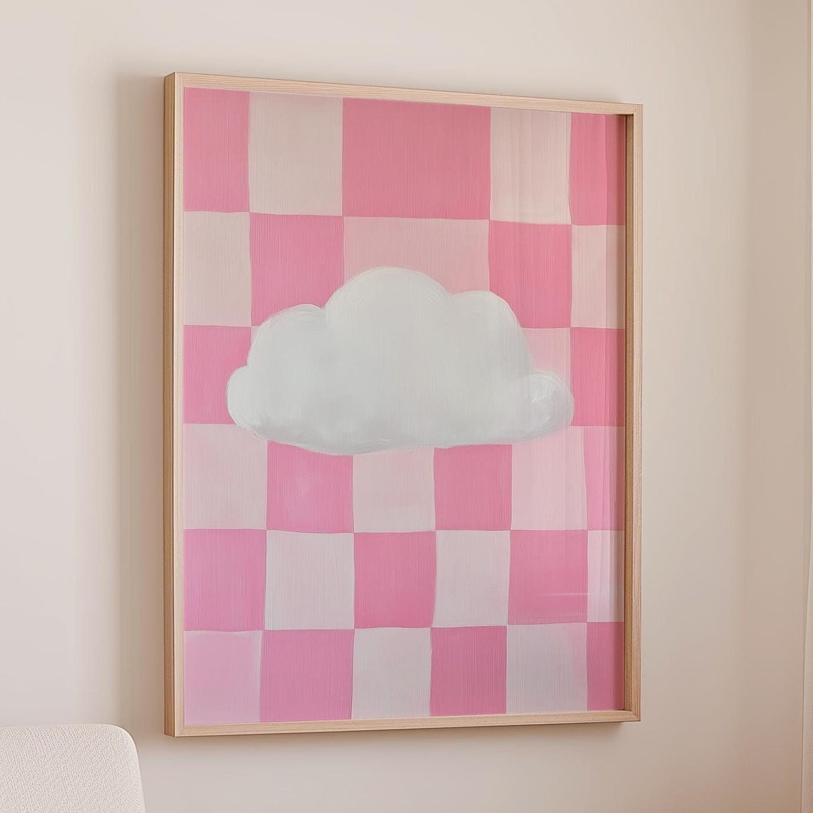 White Cloud On Pink Checkered Pattern Nursery Abstract Poster