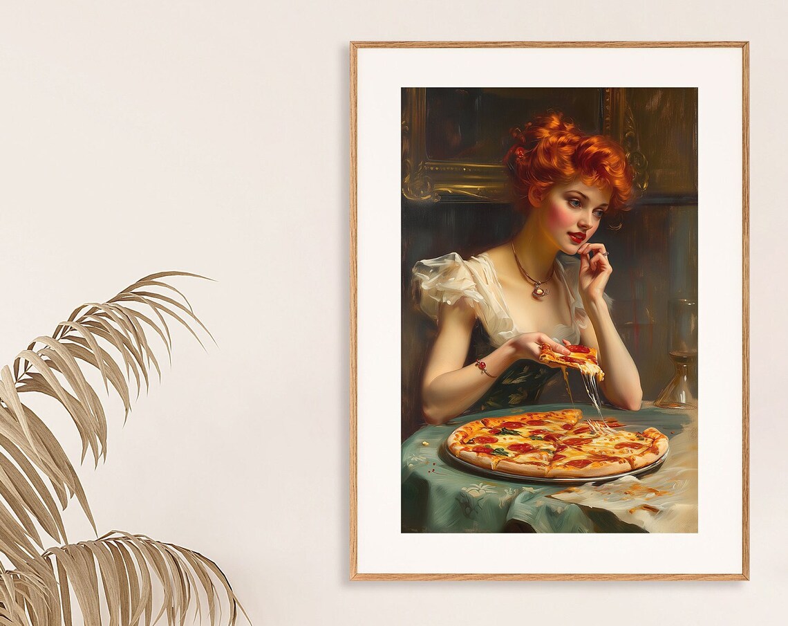 Redhead Woman Eating Pizza Rococo Inspired Oil Painting Poster