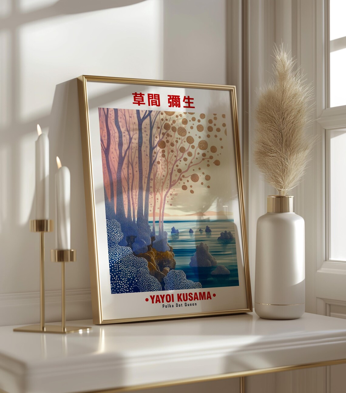 Peaceful Gold Dotted Leaves Purple Trees Sea Kusama Inspired Poster - Image 3