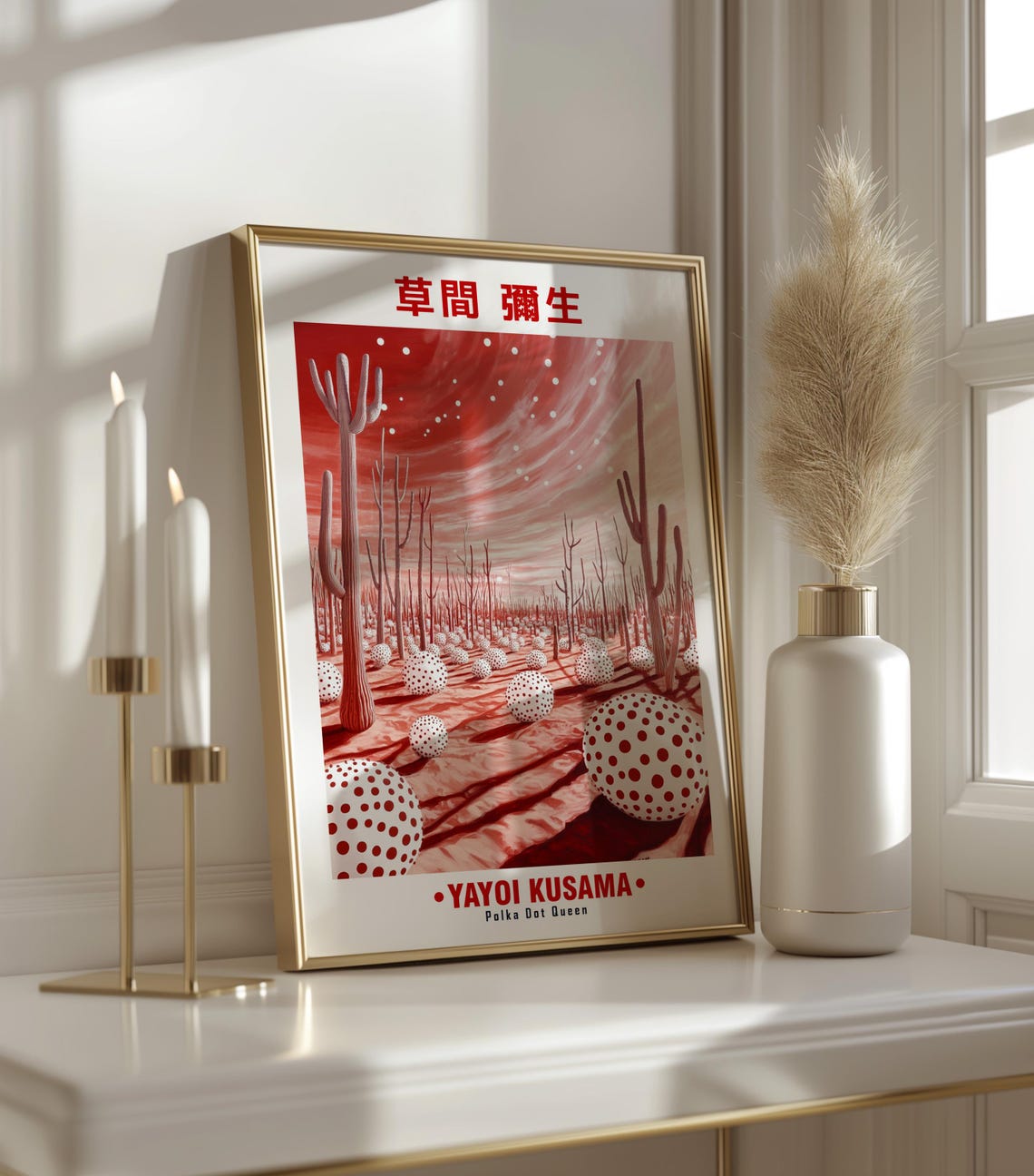 Red Desert White Dotted Orbs Tall Cacti Yayoi Kusama Inspired Poster - Image 3
