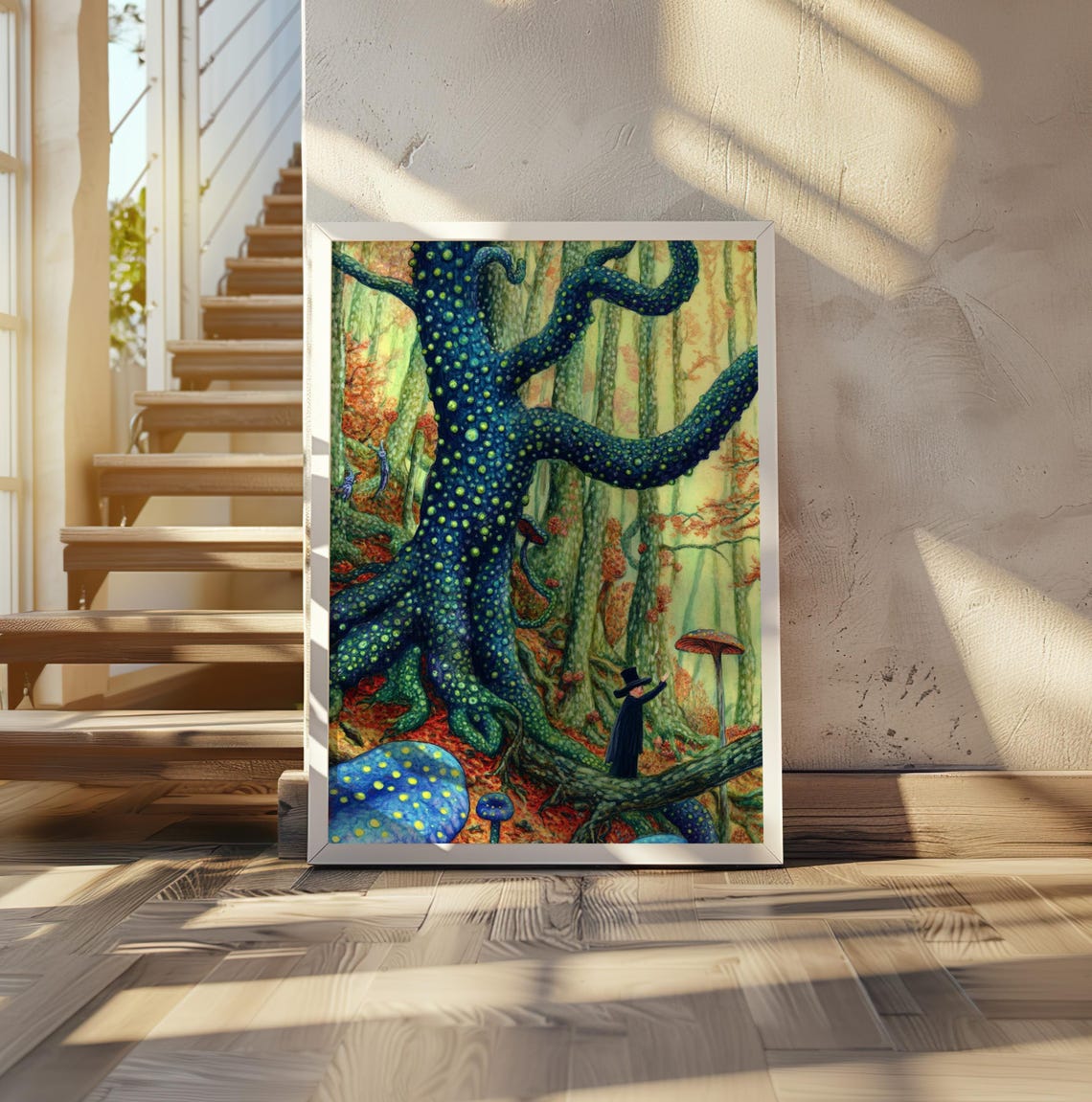 Spotted Green Tree Spirit Forest with Wild Mushrooms Art Poster