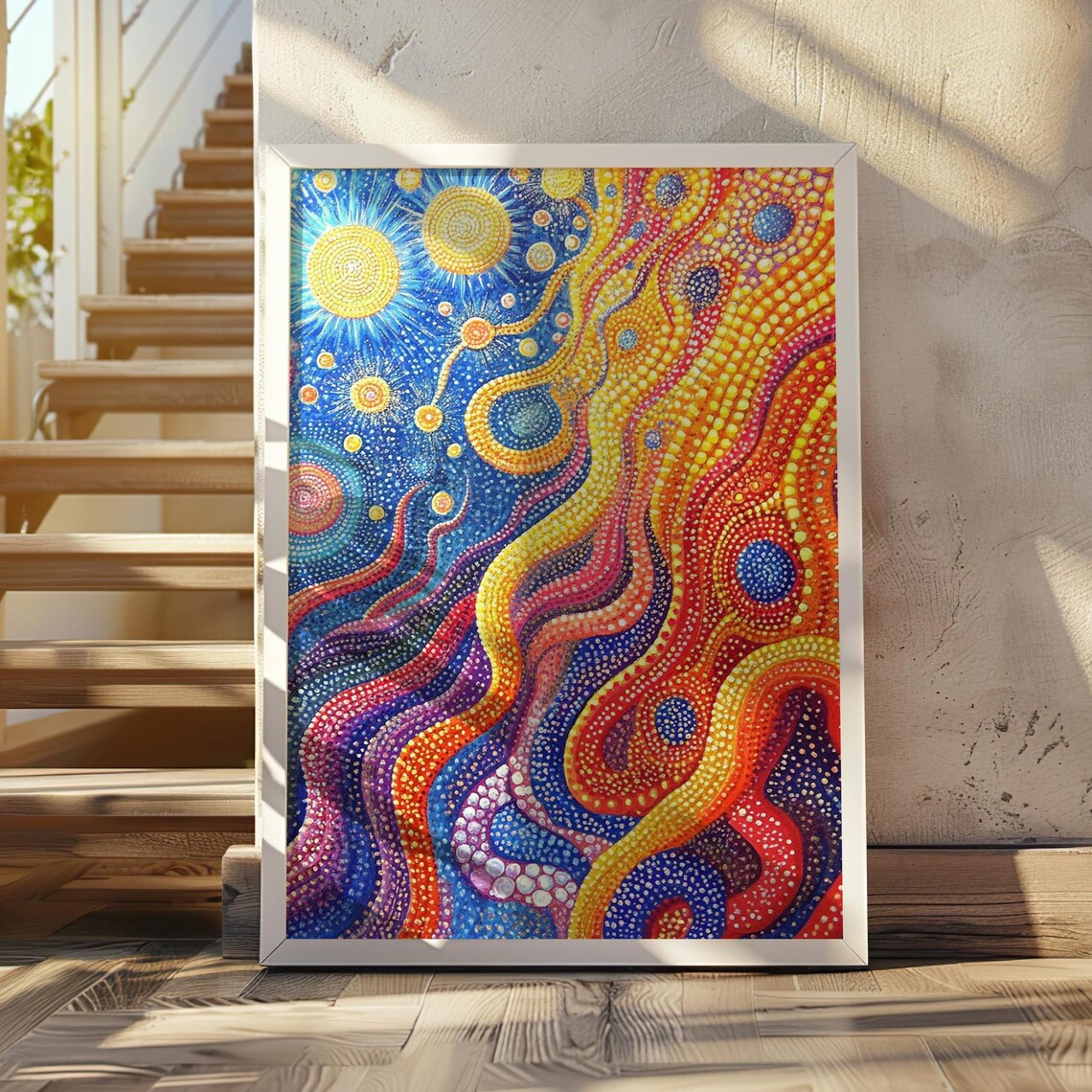 Abstract Flowing Rivers of Colorful Dots in Blue Gold and Red Poster