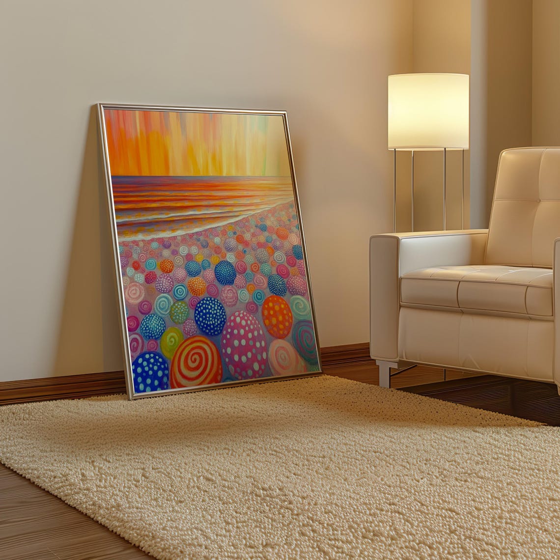 Kusama Inspired Rainbow Dotted Pebbles Beach Sunset Sky Poster - Image 3