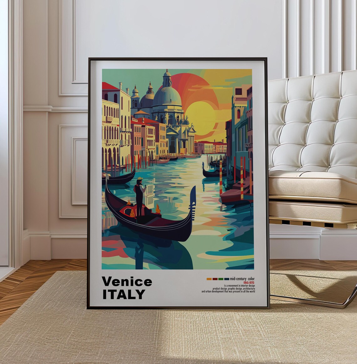 Venice Italy Gondolier Basilica Canal Mid Century Travel Poster
