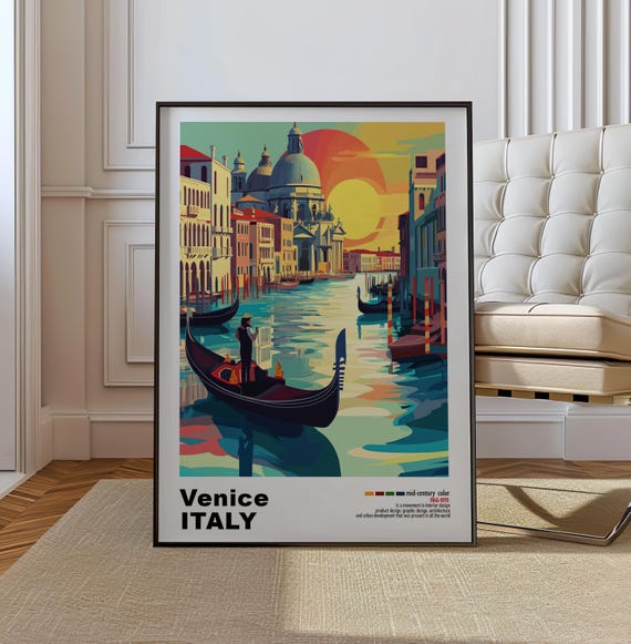 Venice Italy Mid Century Modern Architecture Art Print Retro Minimalist City Poster With Geometric Design Bold Mid Century Print