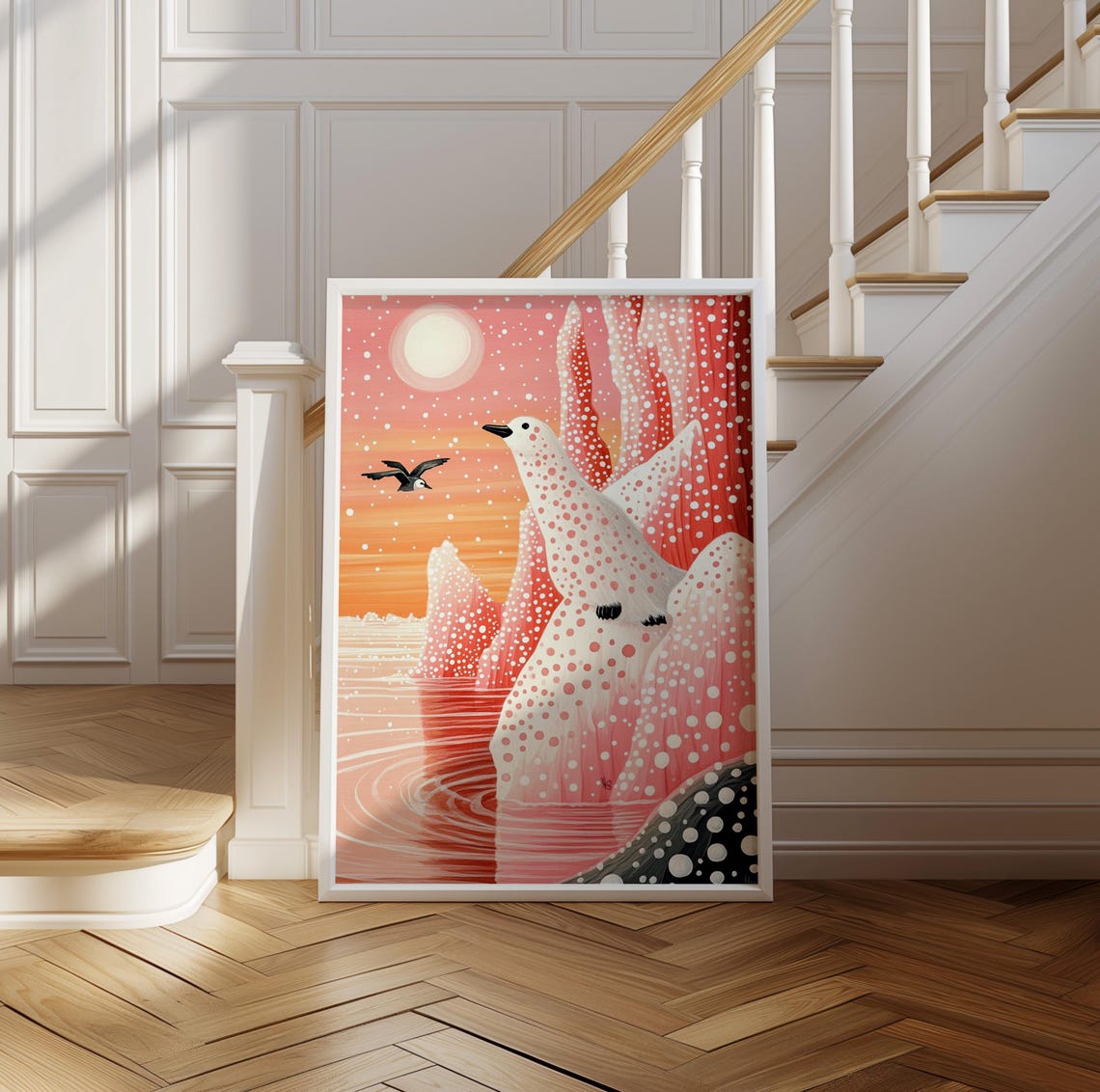 Polar Bear on Pink Polka Dot Ice at Sunset with Birds Poster - Image 2