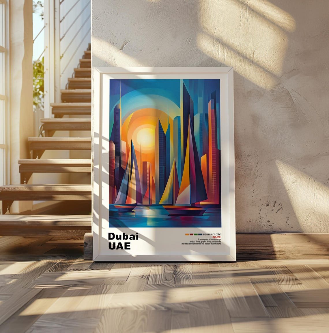 Dubai UAE Sailboats Skyline Sunburst Mid Century Travel Poster - Image 2