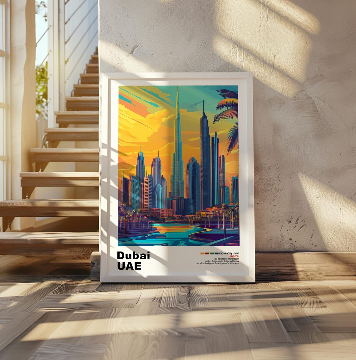 Dubai UAE Burj Khalifa Sunset Skyline Mid Century Travel Poster - Image 2