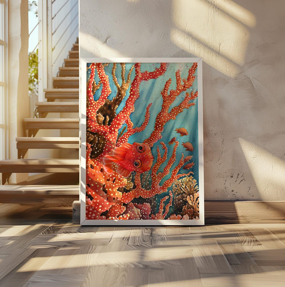Bright Red Coral Reef with Playful Fish Underwater Dot Art Poster