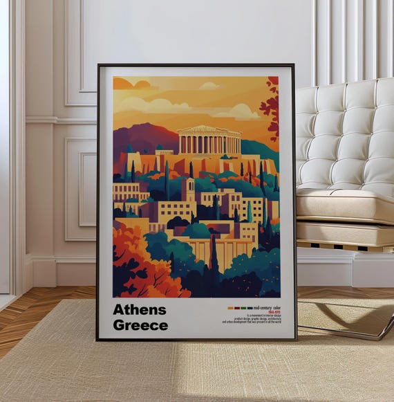 Athens Greece Mid Century Modern Architecture Art Print Retro Minimalist City Poster With Geometric Design Bold Mid Century Poster