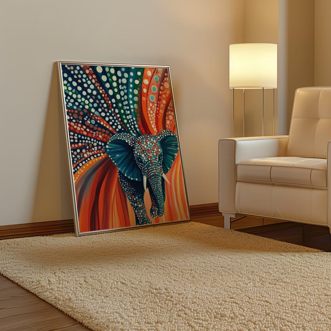 Charging Blue Dotted Elephant on Fiery Orange Background Poster - Image 3