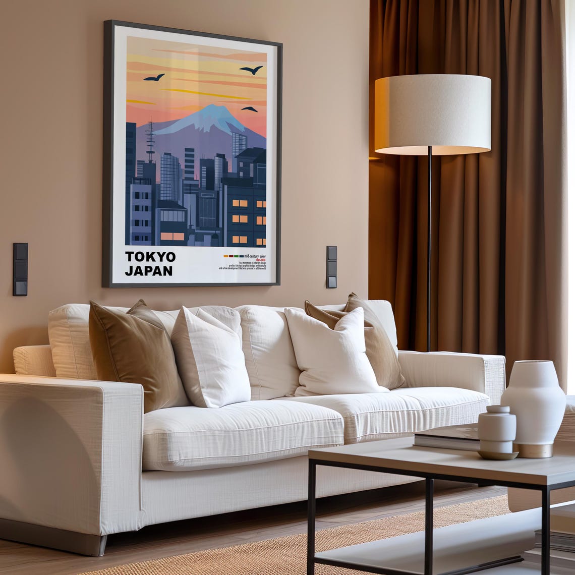 Tokyo Japan Mount Fuji Dusk Skyline Birds Mid Century Poster - Image 3