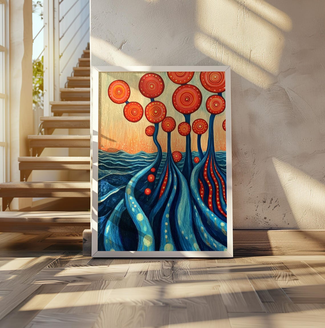 Red Spiral Dot Trees Rising Over Blue Ocean Waves Art Poster