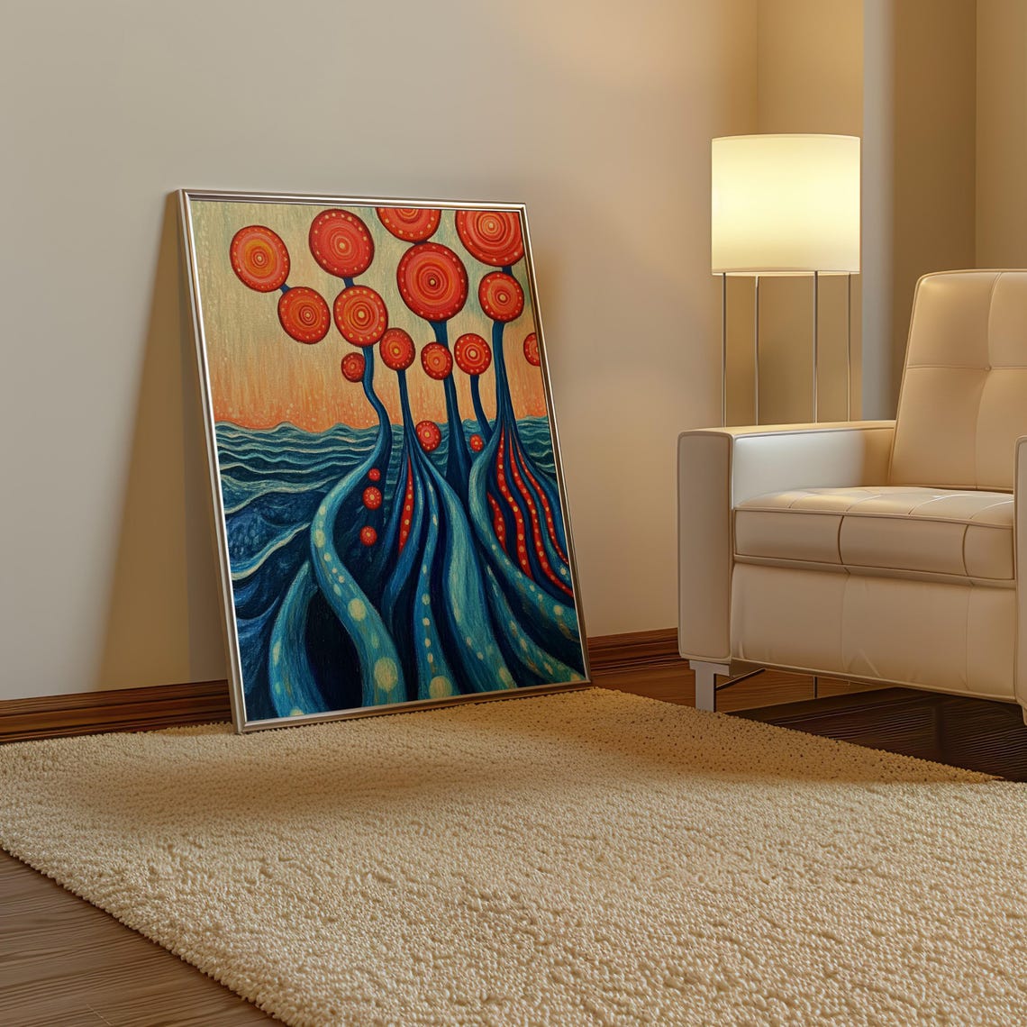 Red Spiral Dot Trees Rising Over Blue Ocean Waves Art Poster - Image 3