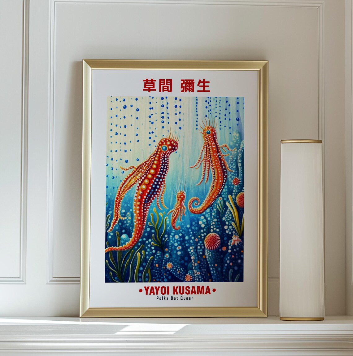 Orange Seahorses Blue Ocean Coral Reef Yayoi Kusama Inspired Poster