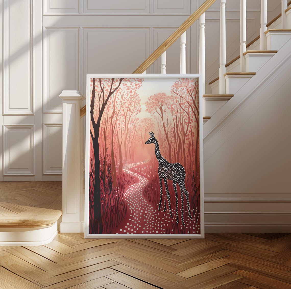 Giraffe Made of White Dots in Red Polka Dot Forest Art Poster - Image 2