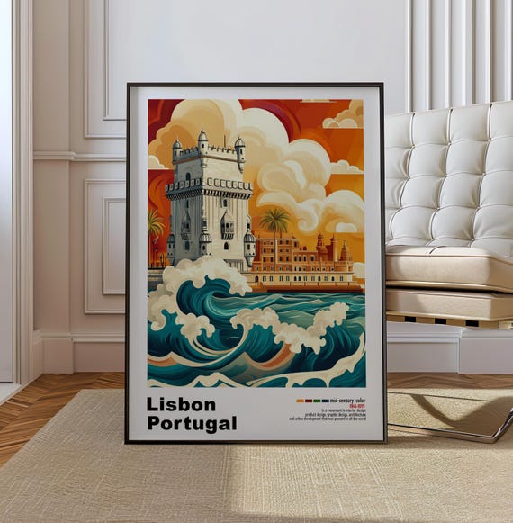 Lisbon Portugal Mid Century Modern Architecture Art Print Retro Minimalist City Poster With Geometric Design Bold Mid Century Print
