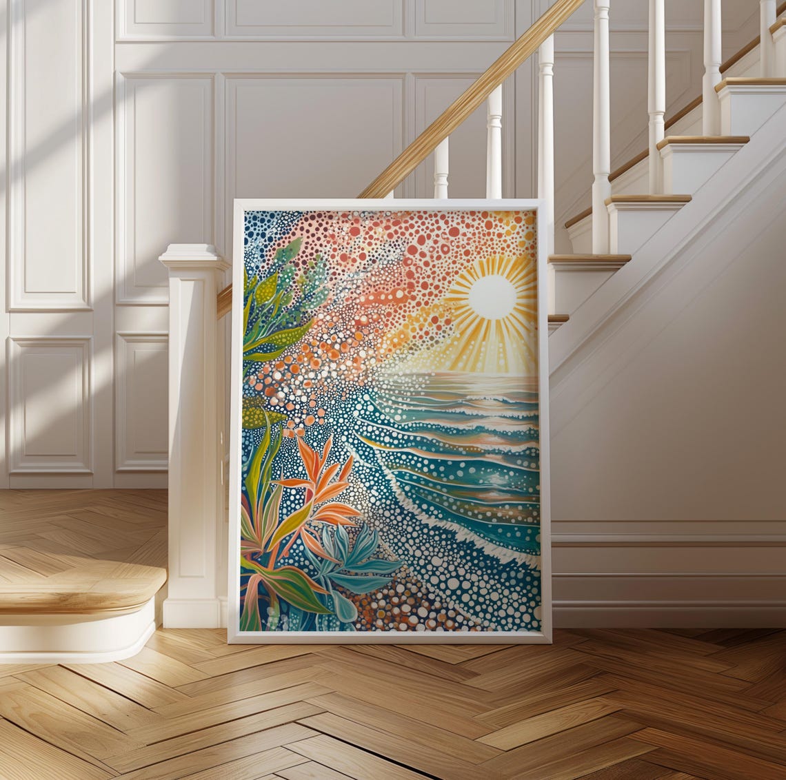 Tropical Beach Sunset in Vibrant Polka Dot Dotted Art Style Poster - Image 2