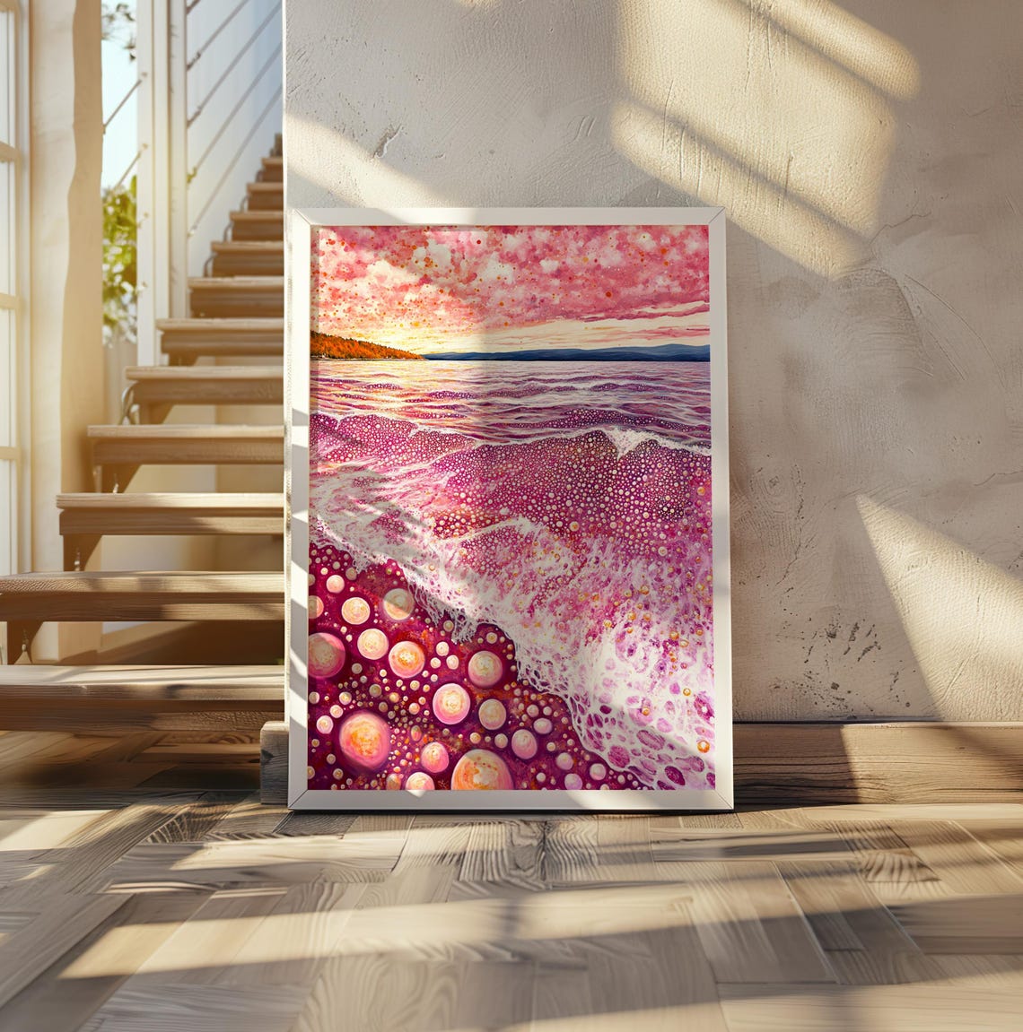 Vibrant Pink Polka Dot Ocean Waves at Magenta Sunset Art Poster - Image 2