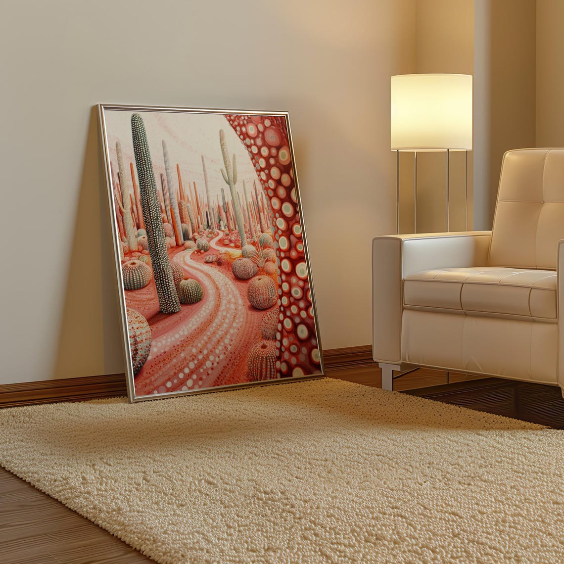 Pink Cactus Canyon Path in Surreal Kusama Dot Art Style Poster - Image 3