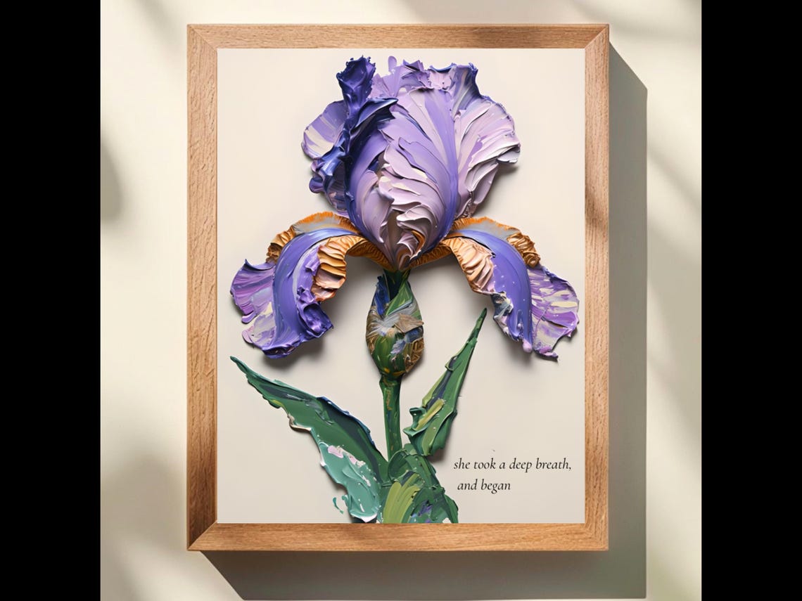 Purple Bearded Iris Impasto Flower Deep Breath Quote Botanical Poster