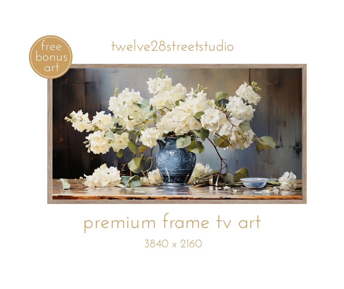 White Hydrangea Blossoms Blue Ceramic Pitcher Vintage Still Life Print