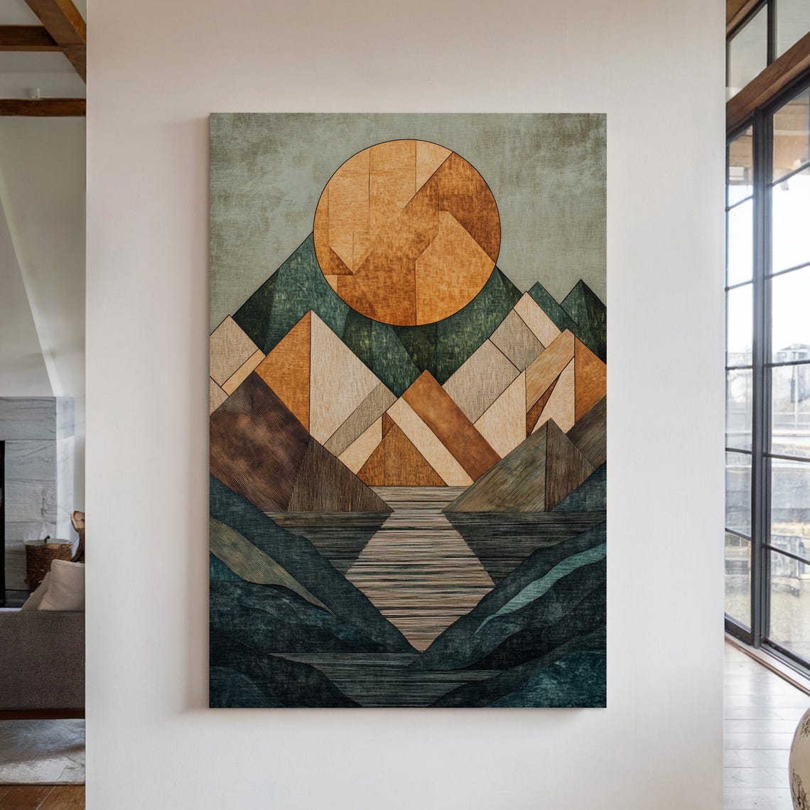 Geometric Mountain Print Abstract Nature Art With Textured Sun And Lake Modern Rustic Wall Decor For Home Or Office