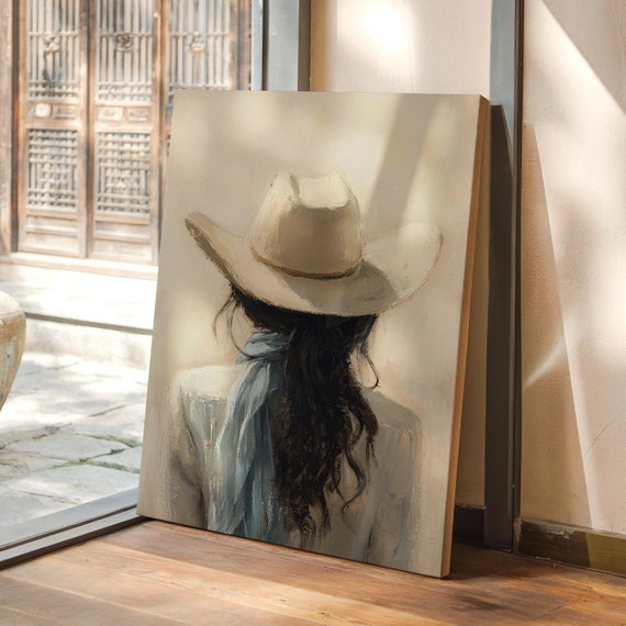 Back View Of Woman In Cowboy Hat With Flowing Hair And Light Scarf Western Inspired Minimalist Portrait In Neutral Tones