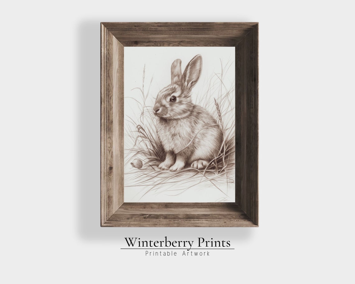 Vintage Bunny Rabbit Sketch Sepia Grass Easter Farmhouse Wall Art