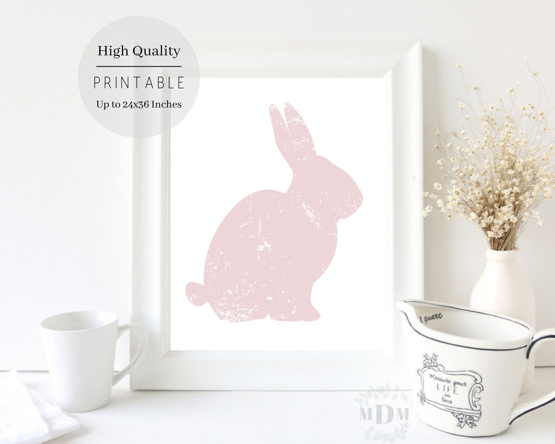Soft Pink Bunny Silhouette Distressed White Framed Easter Art Poster - Image 2