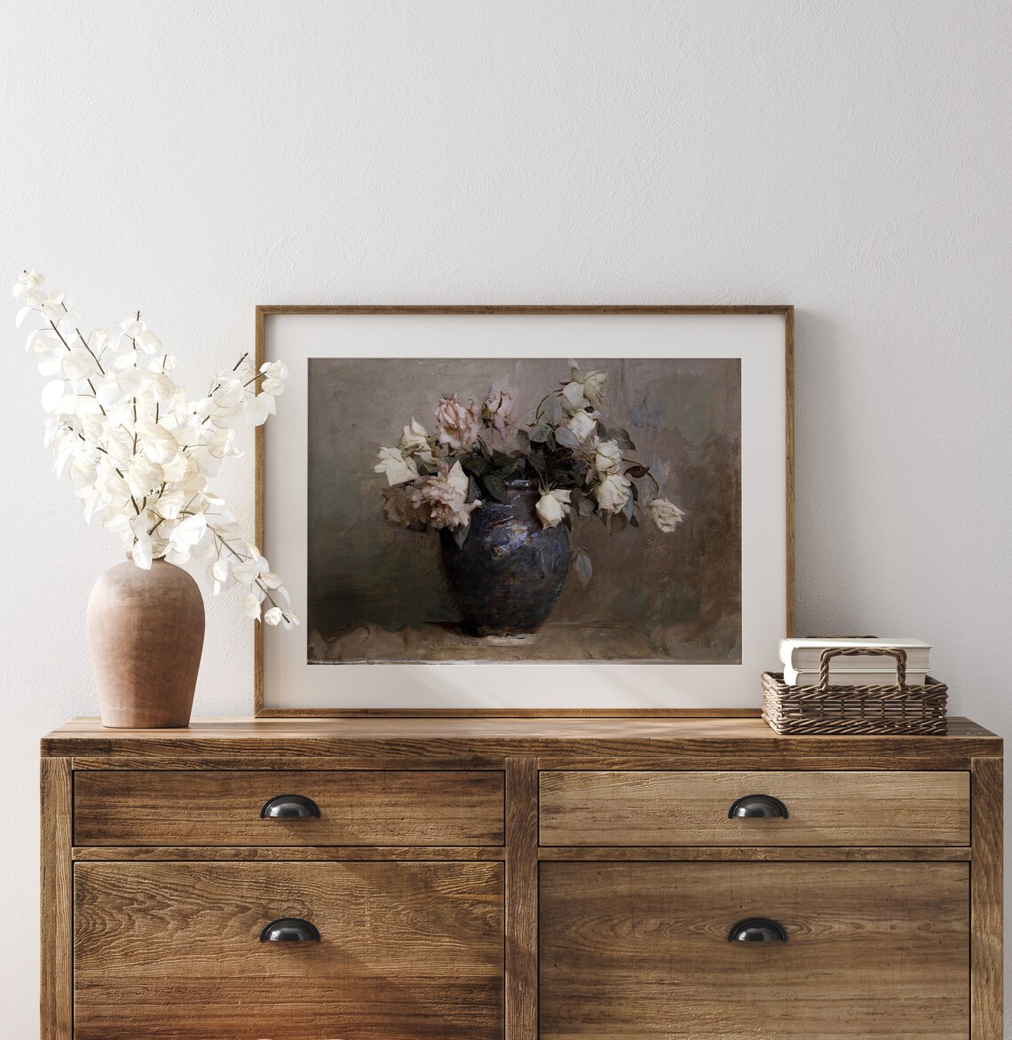 Antique White Roses Dark Vase Still Life Oil Painting Vintage Art Poster - Image 3