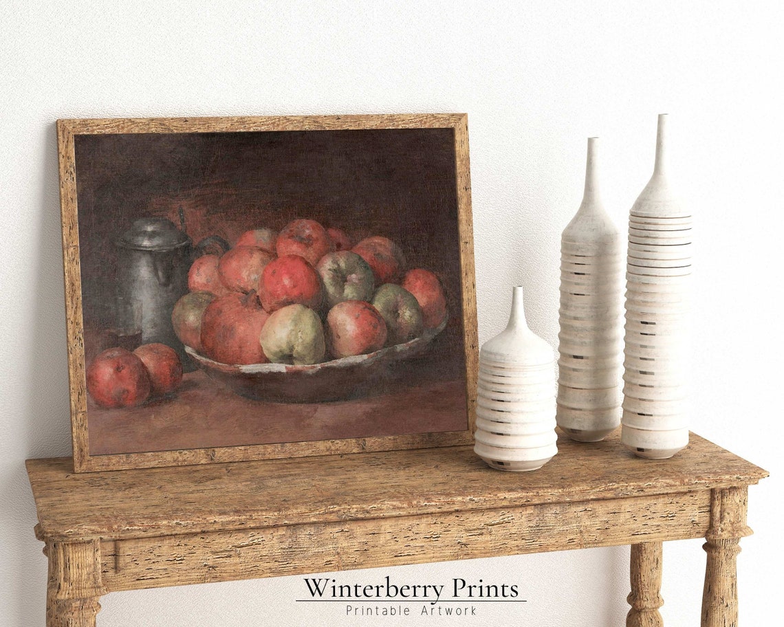 Dark Vintage Apple Still Life Bowl Pewter Jug Kitchen Wall Poster - Image 4