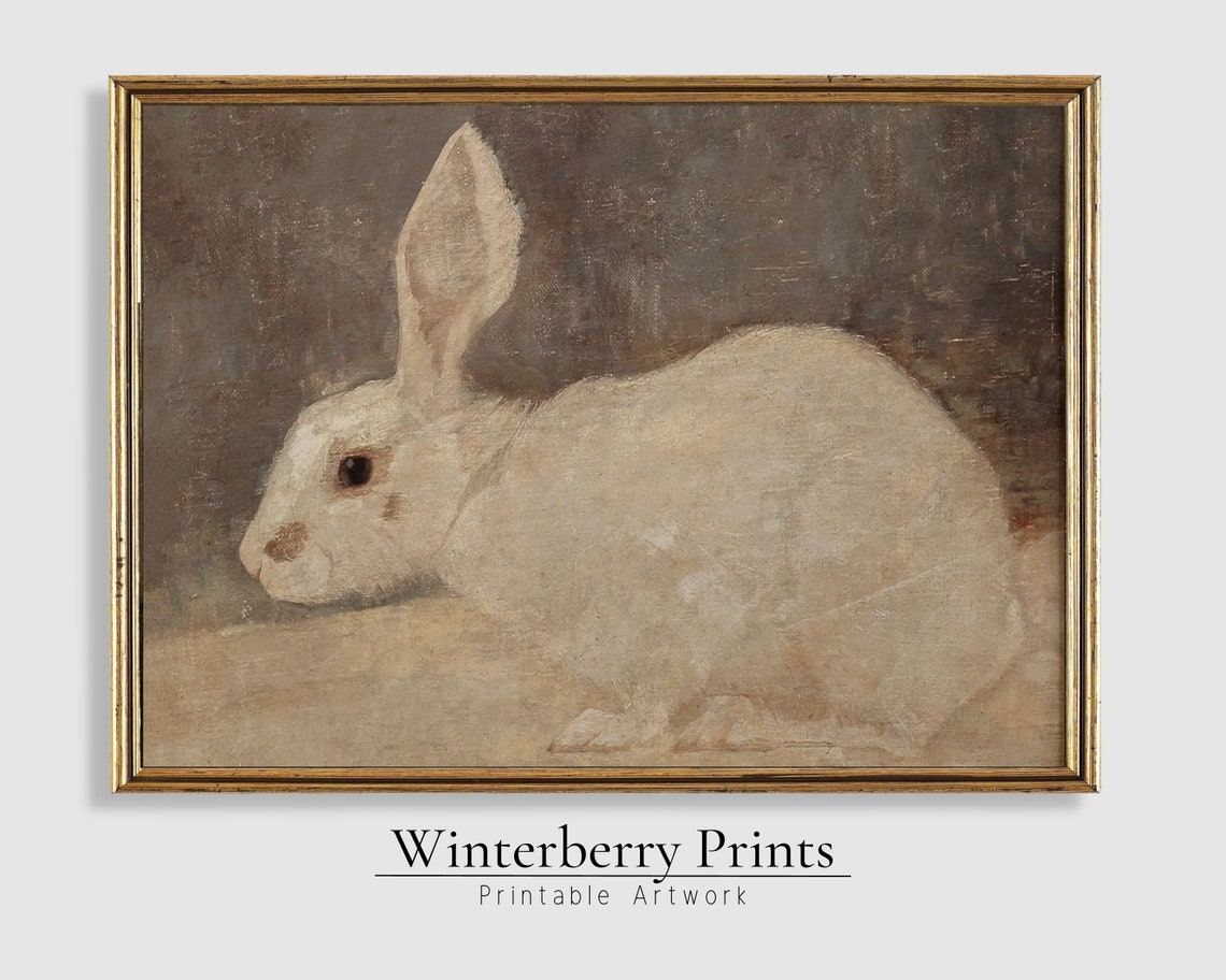 White Rabbit Vintage Oil Painting Muted Brown Antique Wall Poster