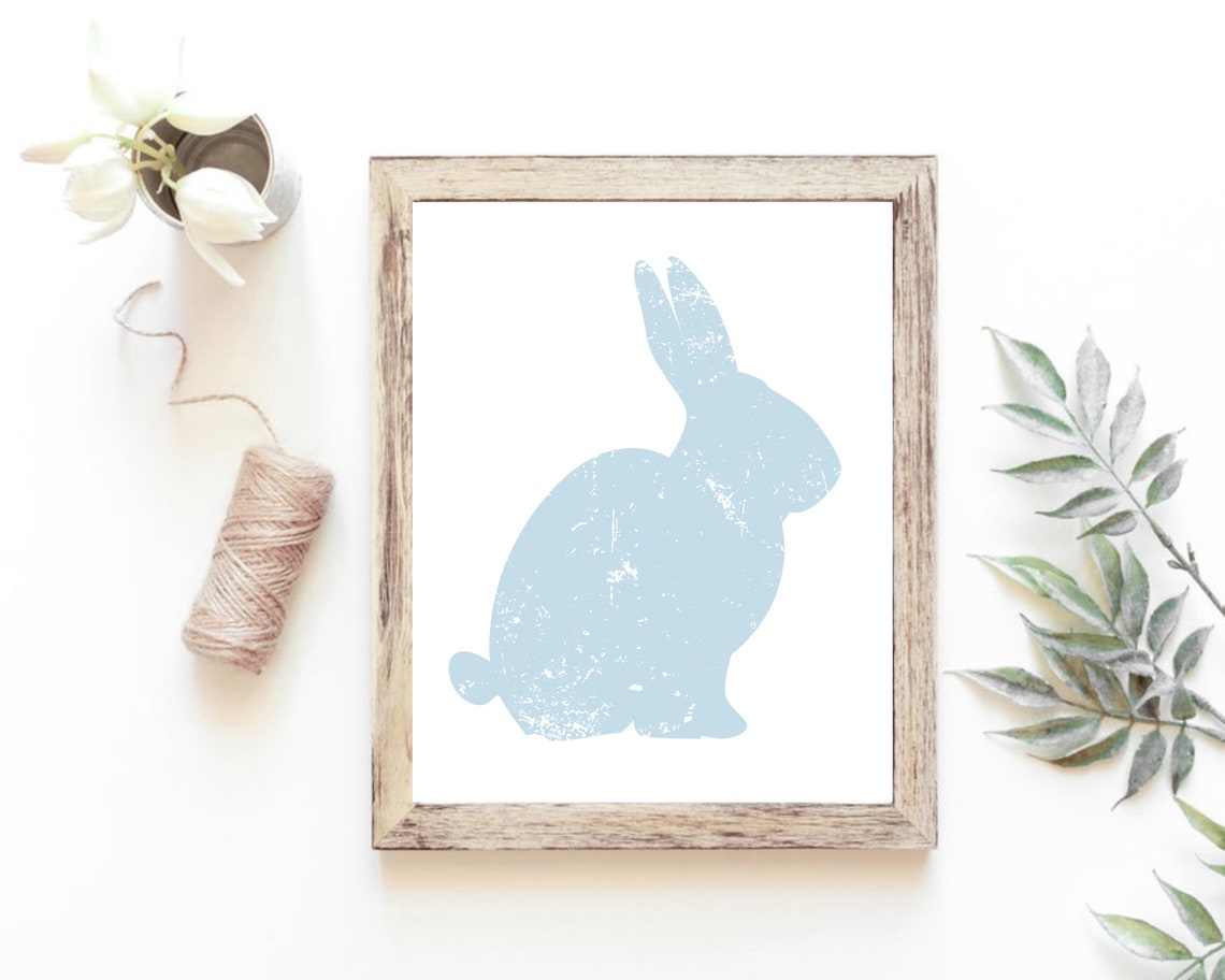 Light Blue Bunny Silhouette Distressed White Framed Easter Art Poster - Image 5