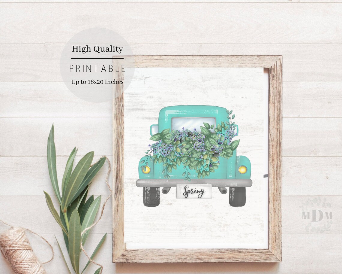 Vintage Turquoise Truck Front Spring Flowers Greenery Farmhouse Art Poster - Image 3