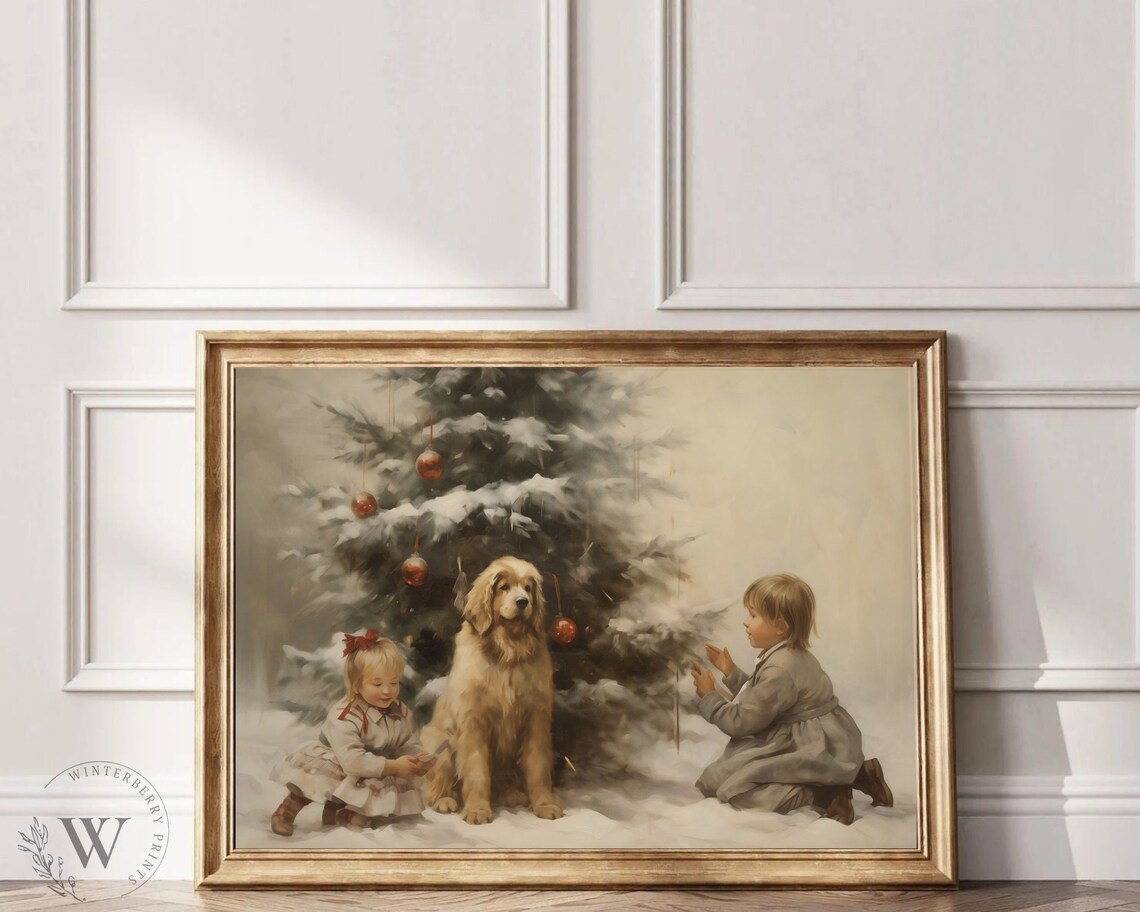 Children Dog Decorating Snowy Christmas Tree Vintage Holiday Poster