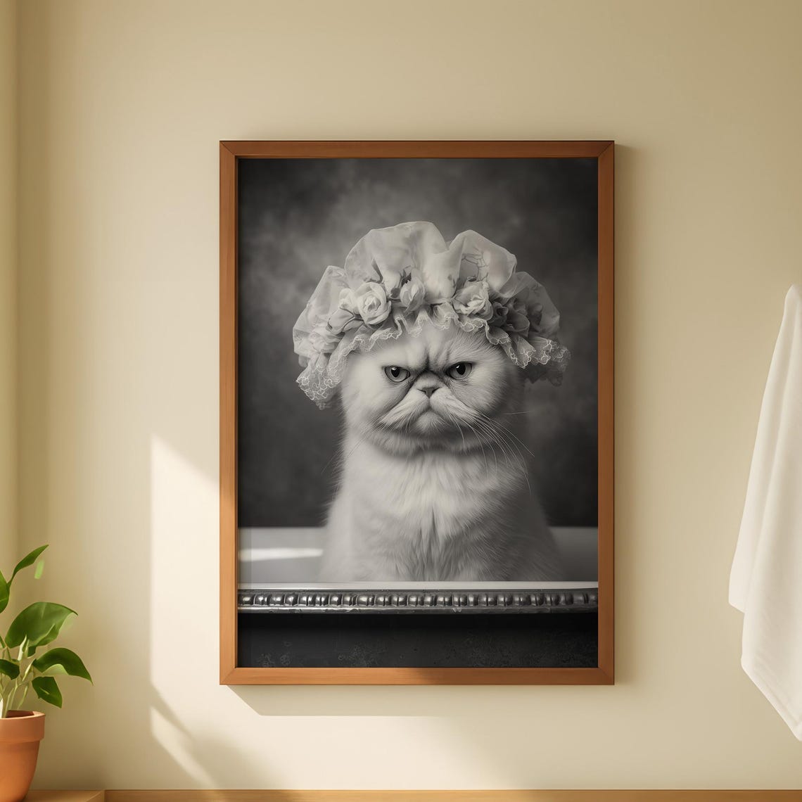 Grumpy Persian Cat in Lace Bonnet Black and White Photo Poster