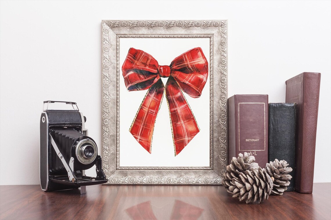 Red Plaid Tartan Ribbon Bow With Gold Trim Vintage Christmas Poster - Image 3