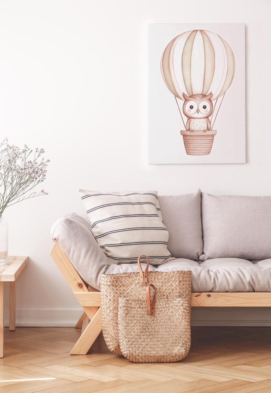Sweet Owl in Beige Hot Air Balloon Watercolor Woodland Nursery Poster - Image 2