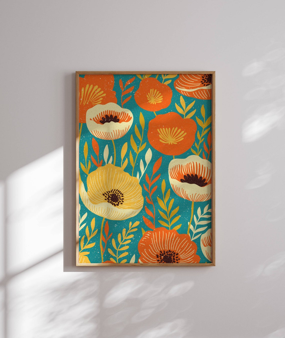 Orange Poppy Flower Field Poster Teal Background Retro Botanical Decor