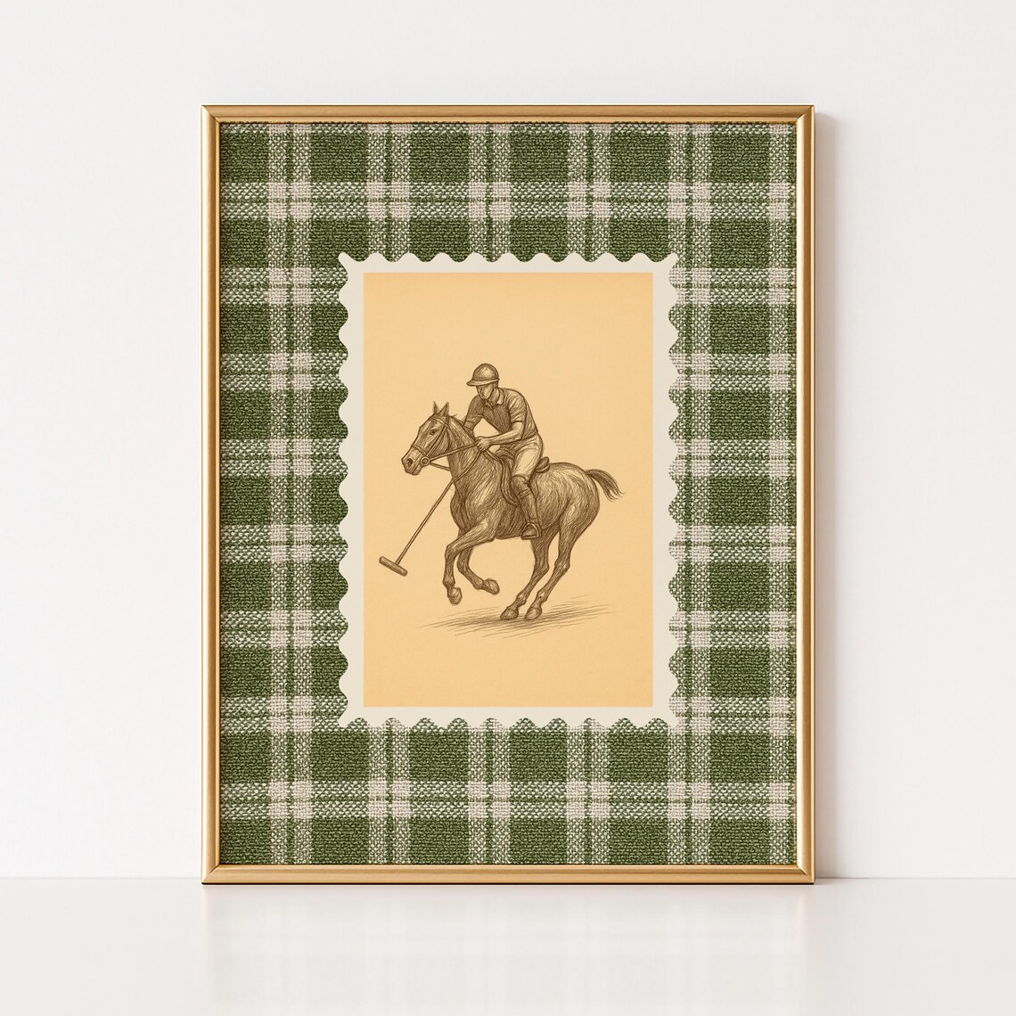 Vintage Polo Rider Postage Stamp Green Plaid Equestrian Wall Art