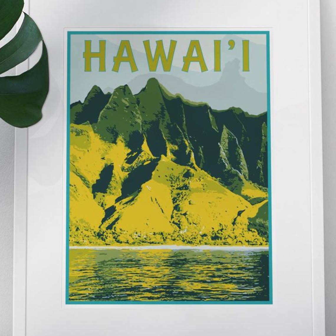 Hawaii Emerald Mountain Cliffs Golden Island Vintage Travel Poster