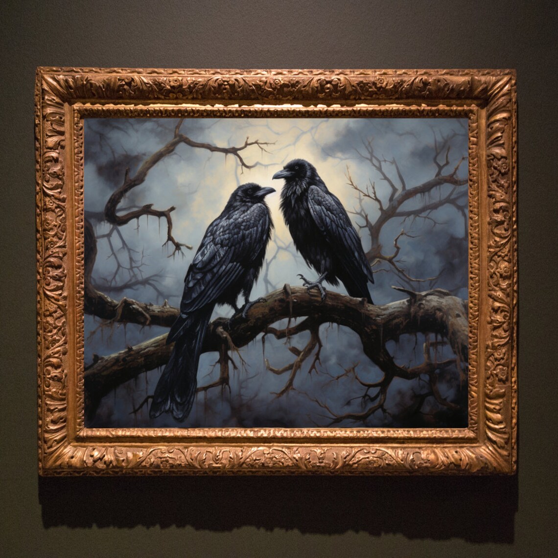 Two Black Ravens On Branch Moody Midnight Oil Painting Halloween Poster