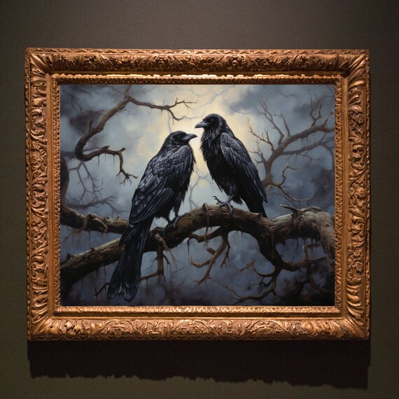 Two Black Ravens On Branch Moody Midnight Oil Painting Halloween Poster